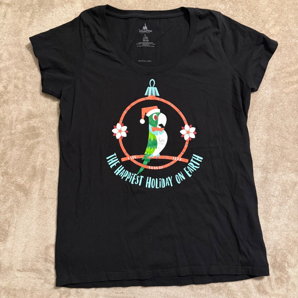 Disney Parks Womens Black Holiday Parrot Ornament Graphic T-Shirt Large Cotton
